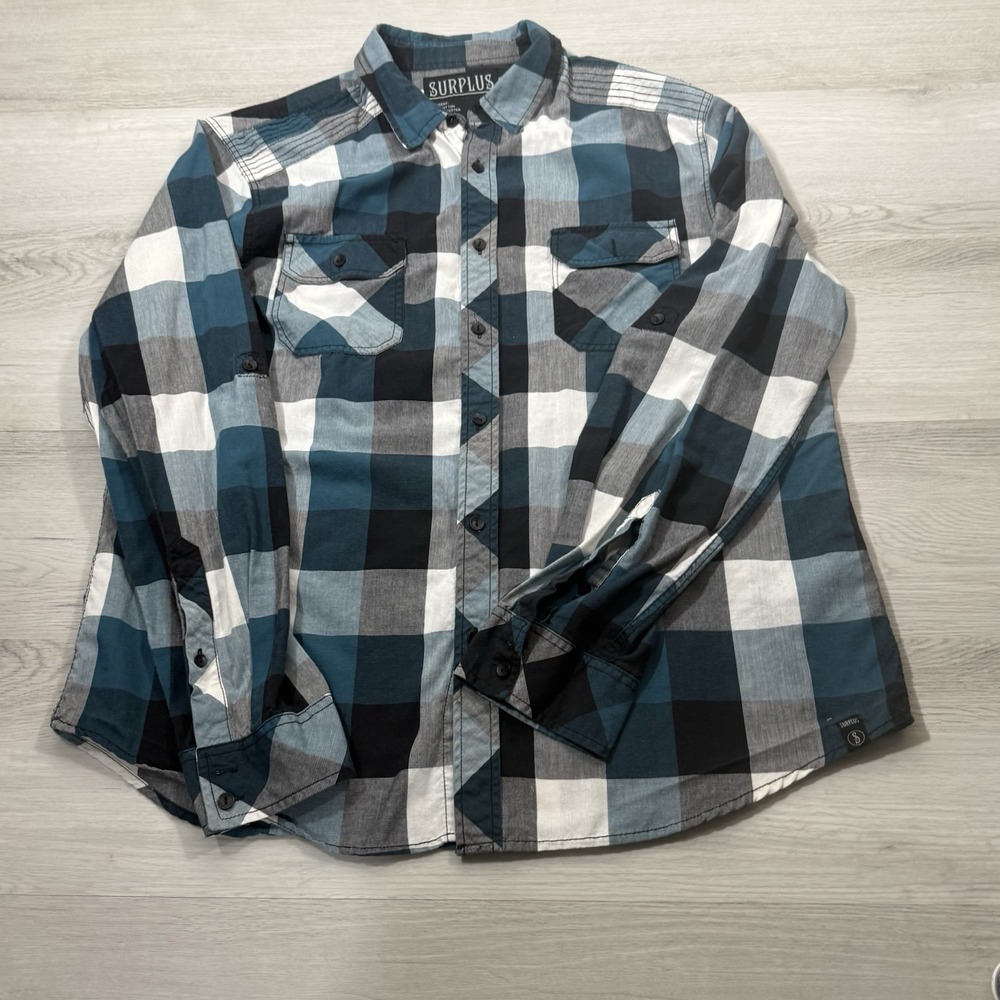 Surplus Men's XL Plaid Button-Up Shirt Blue Black White Gray Long Sleeve Casual